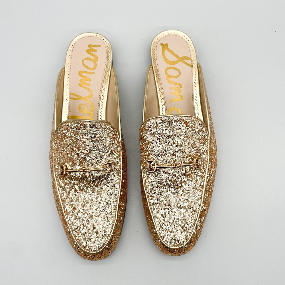 Sam Edelman Womens 12 Linnie Mules Sandals Shoes Gold Glitter Bit Loafer Slides